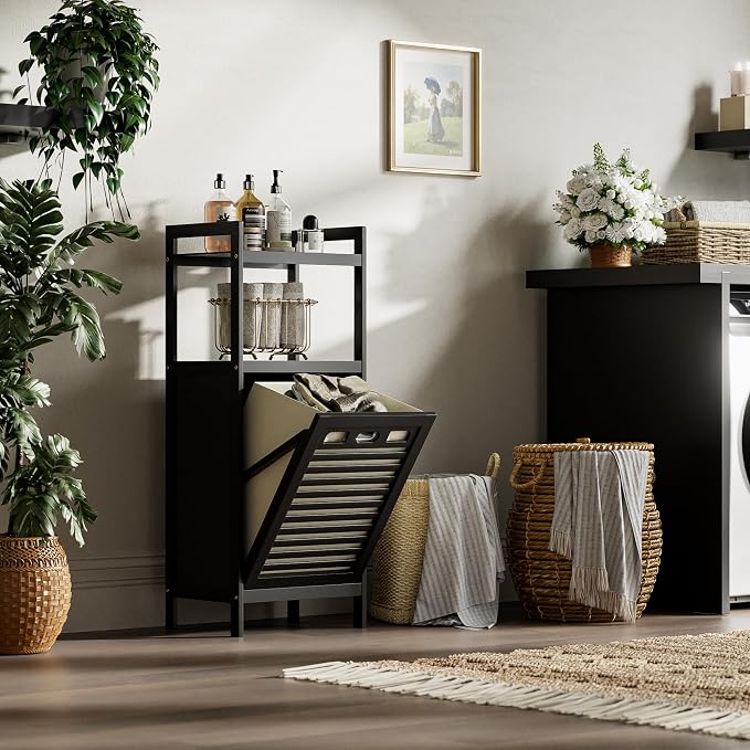HITNET Tilt Out Laundry Hamper, Bamboo Bathroom Cabinet - Image 2