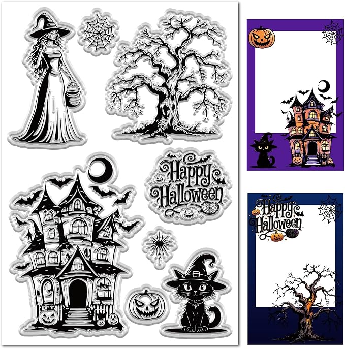 CRASPIRE Witch Rubber Stamps Happy Halloween Web Bat Moon Night Castle Pumpkin by CRASPIRE
