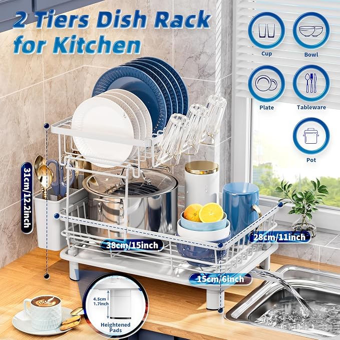2 Tiers Dish Drying Rack, Space-Saving Dish Racks - Image 7