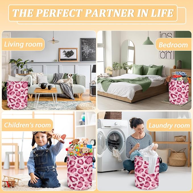 Pink Leopard Print Laundry Basket, Animal Skin Laundry Hamper Foldable - Image 7