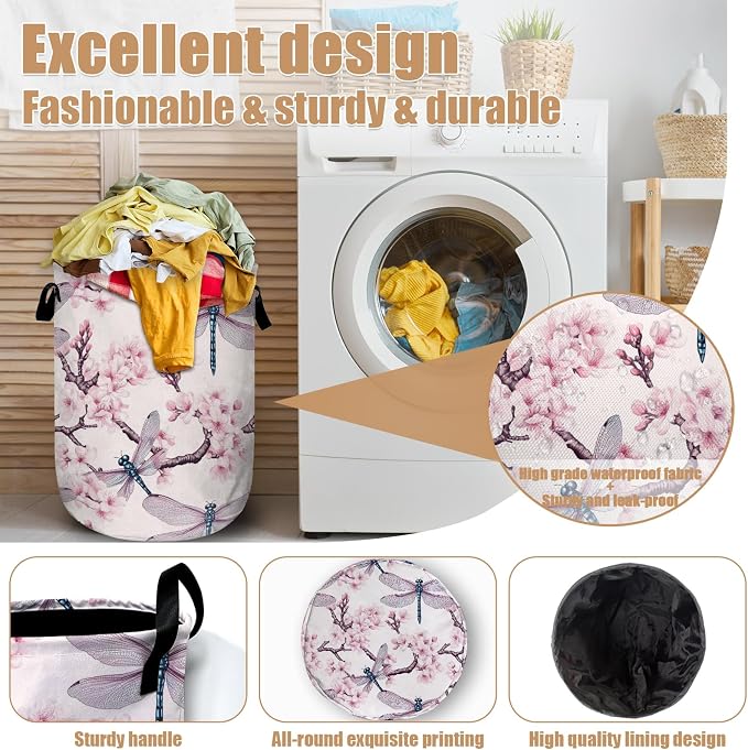 Dragonfly Laundry Basket, Foldable Cherry Blossom Laundry Hamper Tote Bag Dirty - Image 4