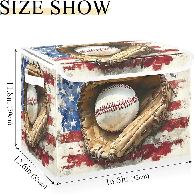 Storage Bin with Lid American Flag Baseball Gloves Storage Box Basket Large - Image 3