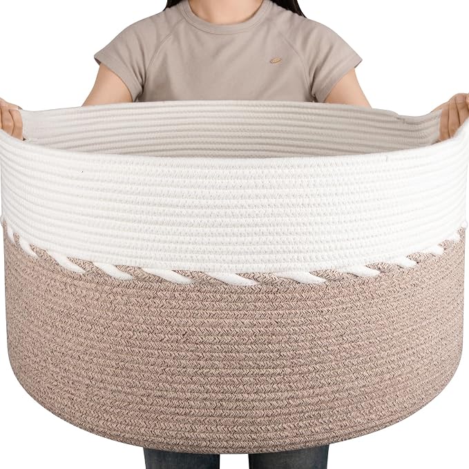 OIAHOMY 87L Extra Large Blanket Basket, Jumbo Laundry Hamper, Cotton Rope Basket by MasterofSpaceOptimization