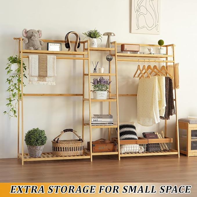 Bamboo Garment Rack 9 Tier Storage Shelf Coat Clothes Hanging Rack, Portable - Image 3