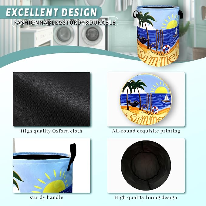 Hello Summer Laundry Hamper Colorful Beach Happy Holiday Laundry Basket - Image 4