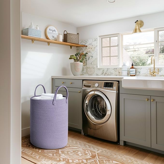 Purple Woven Laundry Basket, Decorative Baby Nursery Clothes Hamper - Image 3
