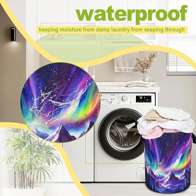 Aurora Mountains Laundry Basket Night Sky Forest Foldable Waterproof Oxford - Image 6