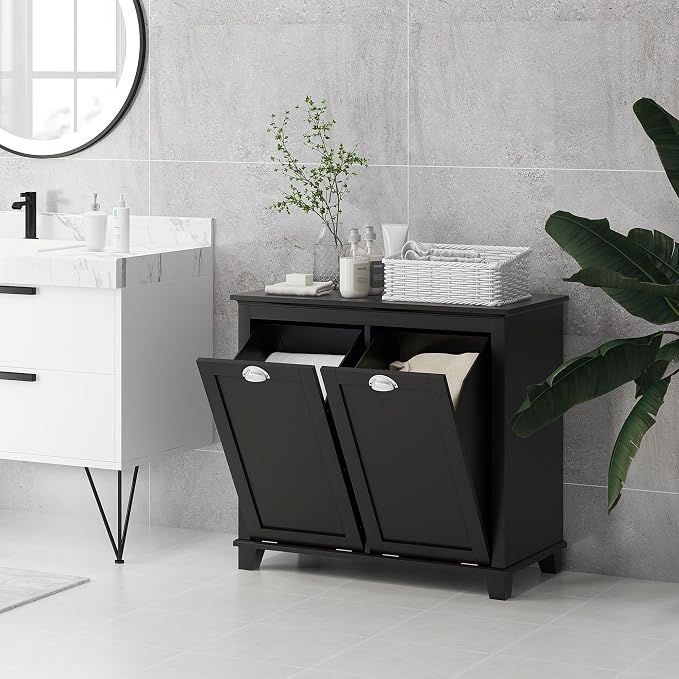 HOMCOM Dual Tilt Out Laundry Hamper Cabinet, Bathroom Storage Cabinet - Image 7