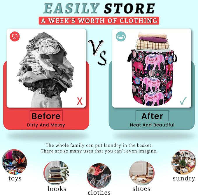 Pink Mandala Elephants Laundry Basket Foldable - Image 3