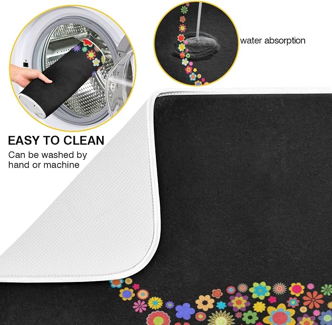 Trendy Flower Cat Absorbent Dish Drying Mat Microfiber Kitchen Countertop Table - Image 5