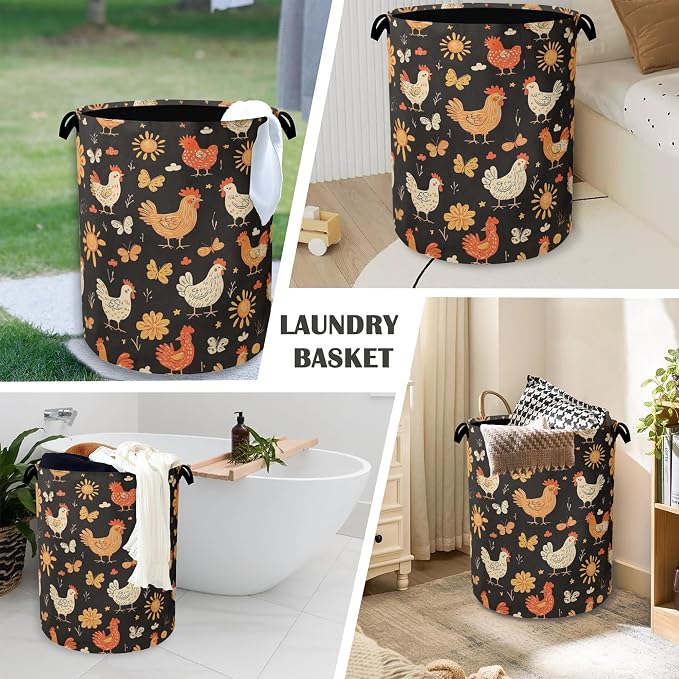 Cute Roosters Laundry Basket, Flower Butterfly Foldable - Image 4