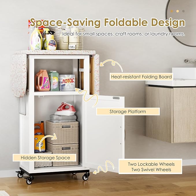Rolling Ironing Board with Storage Cabinet, Folding Ironing Board with Wheels - Image 3