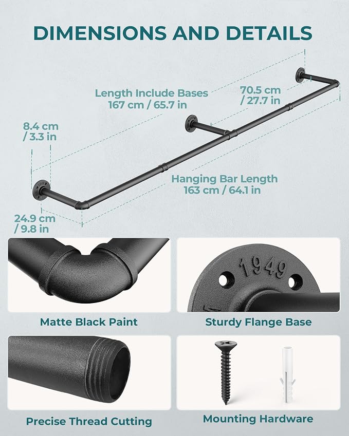 OROPY Clothes Rack, 65.7" Industrial Pipe Clothing Rack 2 Pack - Image 3