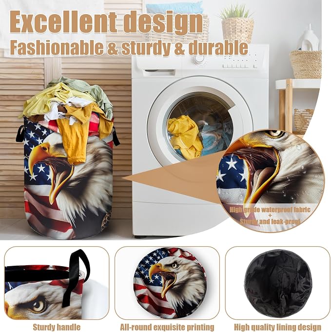 Usa Flag Eagle Laundry Basket, Foldable Waterproof Laundry Hamper Tote Bag - Image 4