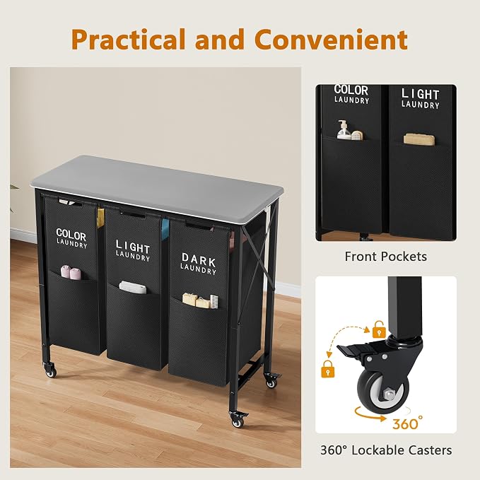 3 Section Laundry Sorter with Ironing Board, Laundry Hamper with Removable Bags - Image 6