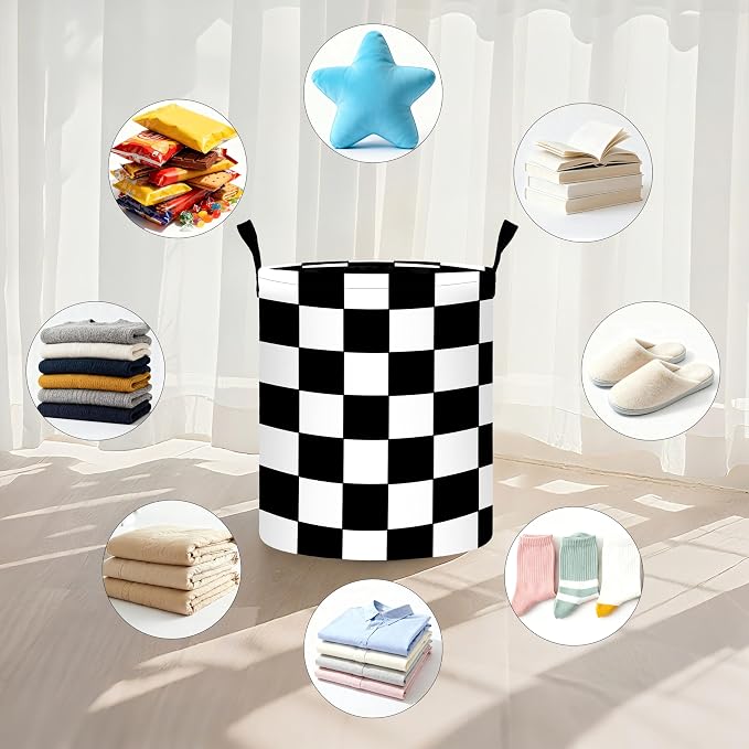 Black White Checkered Laundry Basket Storage Bin Foldable Laundry Hamper - Image 5