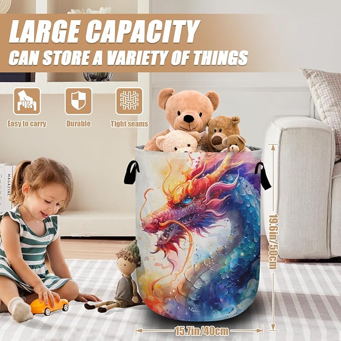 Colorful Dragon Laundry Basket, Foldable Waterproof Laundry Hamper Tote Bag - Image 2