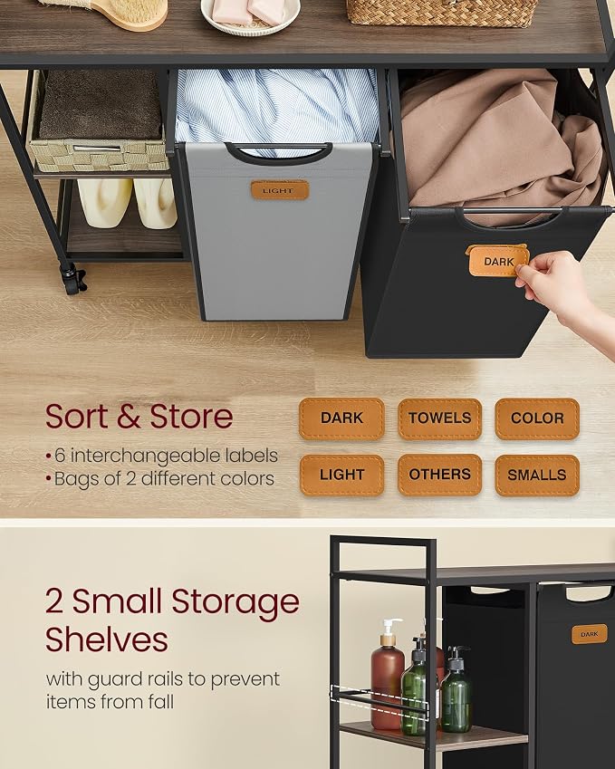VASAGLE Laundry Hamper with 2 Compartments, 26.4 Gal. Laundry Sorter, Rolling - Image 4