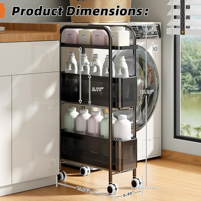 Slim Storage Cart 3 Tier with Pull Out Metal Basket Bathroom Organizer Rolling - Image 3