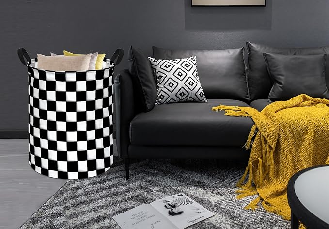 KUNRO Round Black-white Checker Laundry Gift Basket Storage Hamper, Clothes - Image 2
