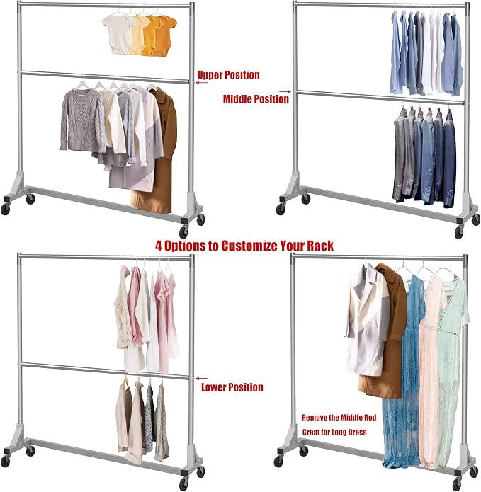 Simple Houseware Commercial Grade Z-Base Double Rod Garment Rack, 600lb Load - Image 4