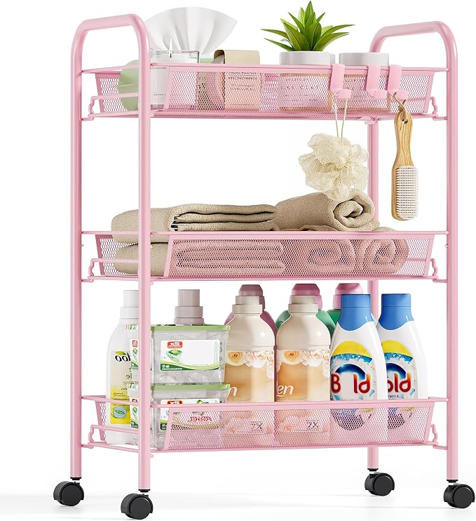 Metal Rolling Utility Cart, 3-Tier Mesh Wire Storage Trolley by SYKIARIOL