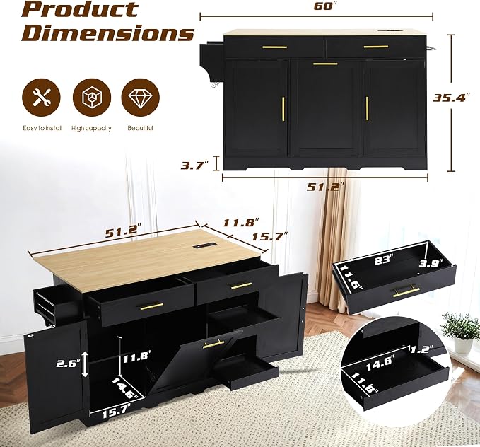 60" Kitchen Island with Power Outlet & Drop Leaf, Rolling Kitchen Island Table - Image 3