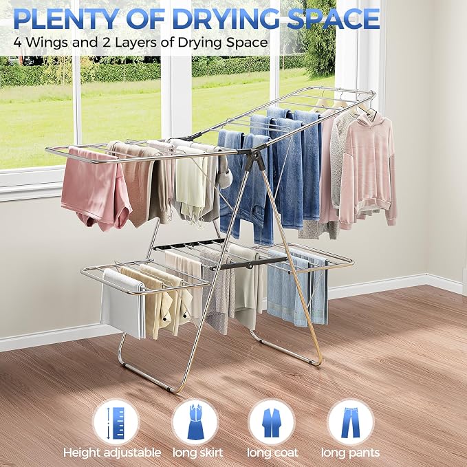 APEXCHASER Clothes Drying Rack, Foldable 2-Level Drying Rack Clothing, - Image 4