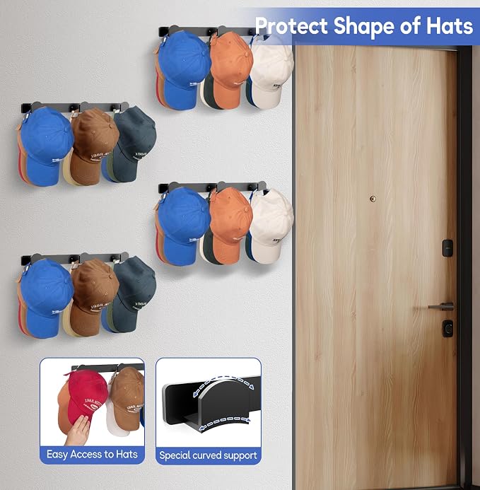 KIMBORA 4 Packs Hat Rack for Wall, Hat Organizer for Baseball Caps Holds 36 Hats - Image 5