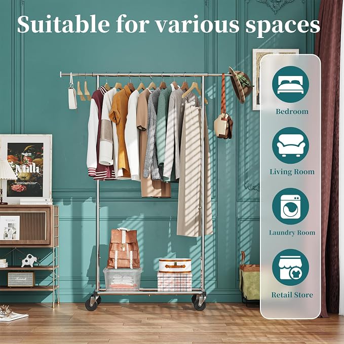 Simple Trending Standard Rod Clothing Garment Rack, Rolling Clothes Organizer - Image 2