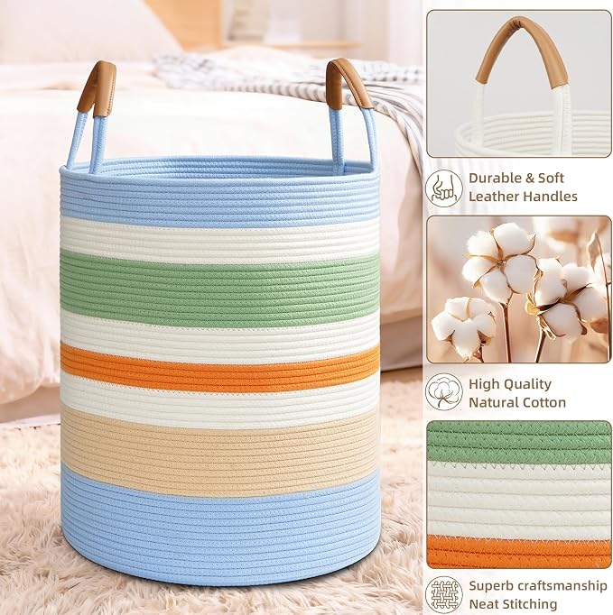 60L Striped Laundry Basket, Rainbow Laundry Hamper - Image 6