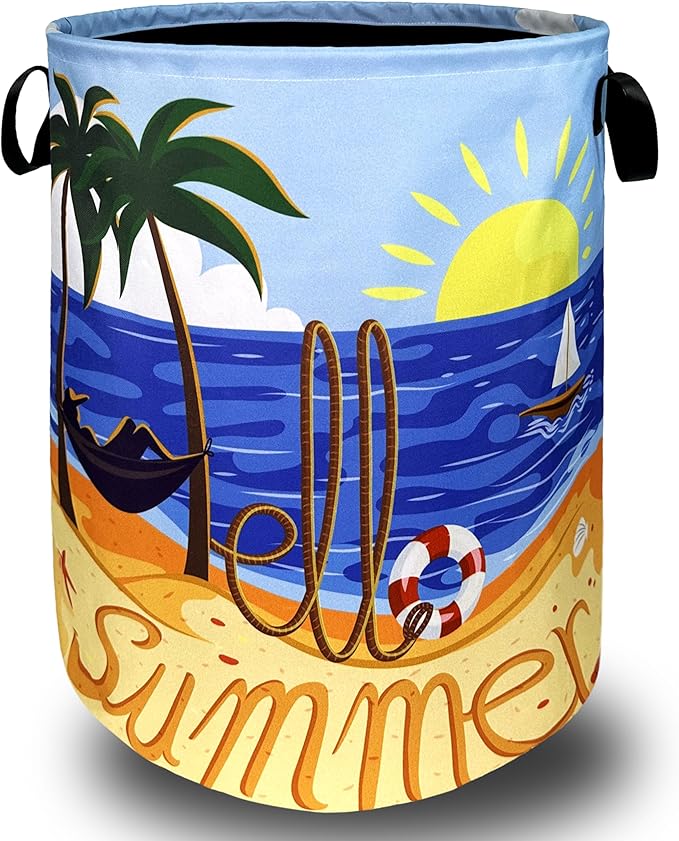 Hello Summer Laundry Hamper Colorful Beach Happy Holiday Laundry Basket by SELIONLIKN