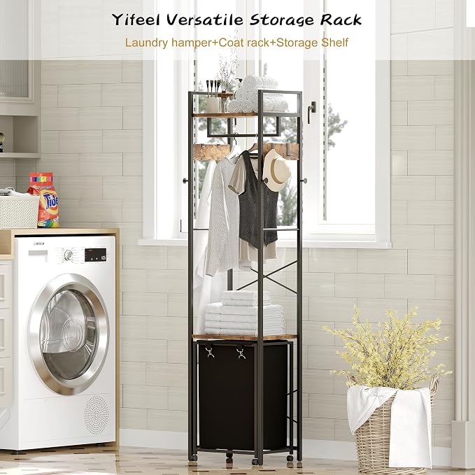 Coat Rack with Laundry Basket, Laundry Hamper Freestanding Hall Tree, Clothes - Image 9