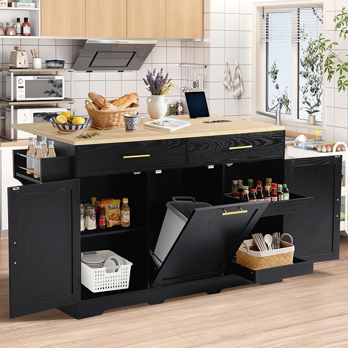 60" Kitchen Island with Power Outlet & Drop Leaf, Rolling Kitchen Island Table by Dephet