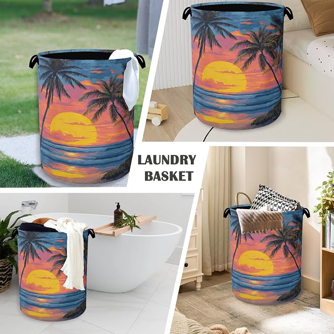 Tropical Palm Tree Laundry Basket, Sunset Beach Oxford Cloth Laundry Hamper - Image 4
