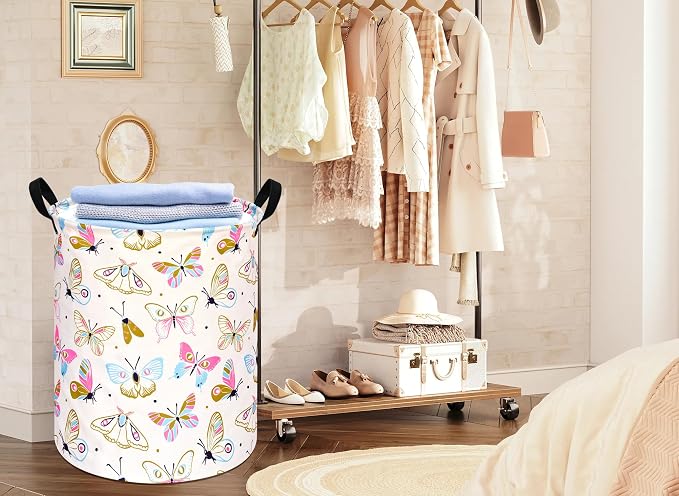 KUNRO Round Spring Butterfly Laundry Gift Basket Storage Hamper, Clothes - Image 6