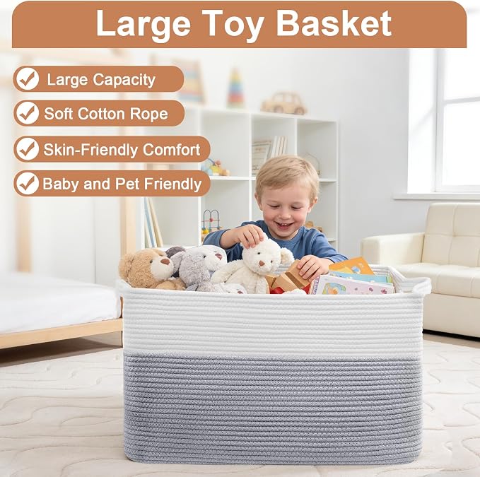 75L Large Blanket Basket, Rectangular Cotton Rope Basket, Laundry Hamper - Image 4