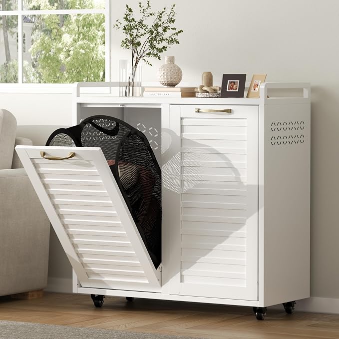 100L Dual Laundry Hamper with Wheels, Metal Rolling Laundry Cabinet with 2 - Image 2