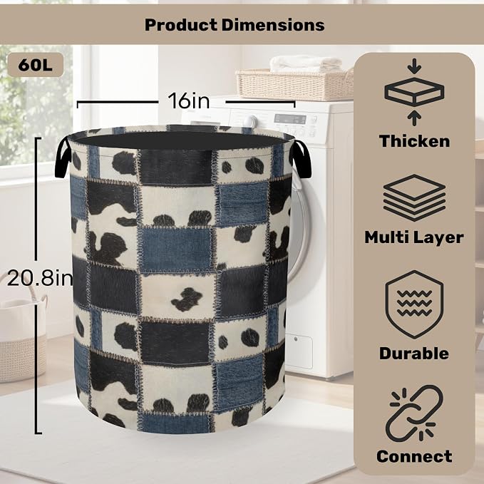 Denim Patchwork Cow Print Large Clothes Hamper Bag - Image 2