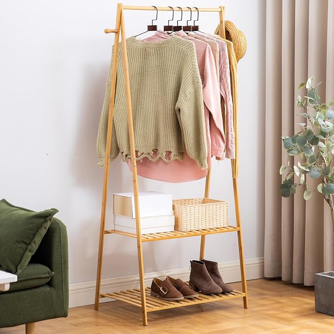 Bamboo Clothing Rack with Top Hanging Garment Rod, 2 Side Hooks & Bottom 2-Tier - Image 2