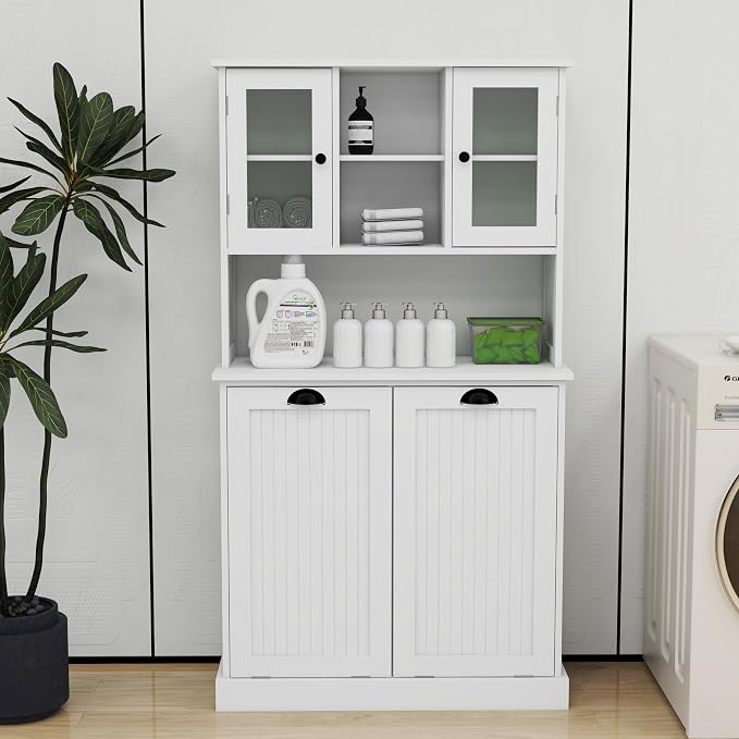 Tall Tilt-Out Double Doors Laundry Cabinet Hamper, Large Pull Out Laundry Room - Image 3