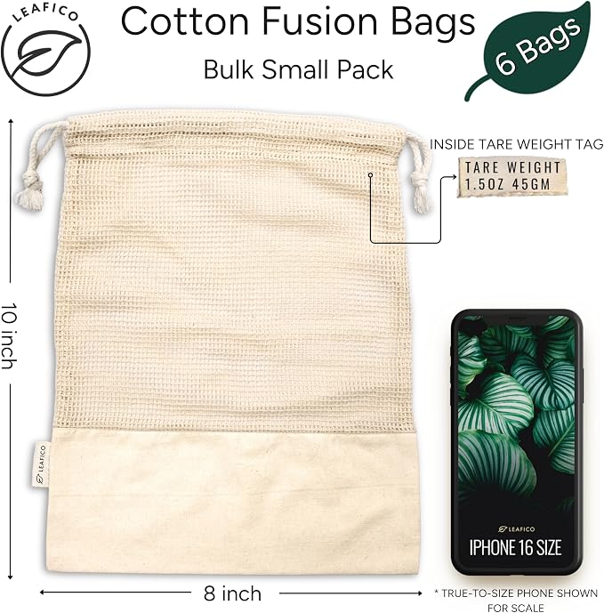 LEAFICO Reusable Produce Bags – 100% Cotton Mesh & Solid Hybrid – Cloth Grocery - Image 2