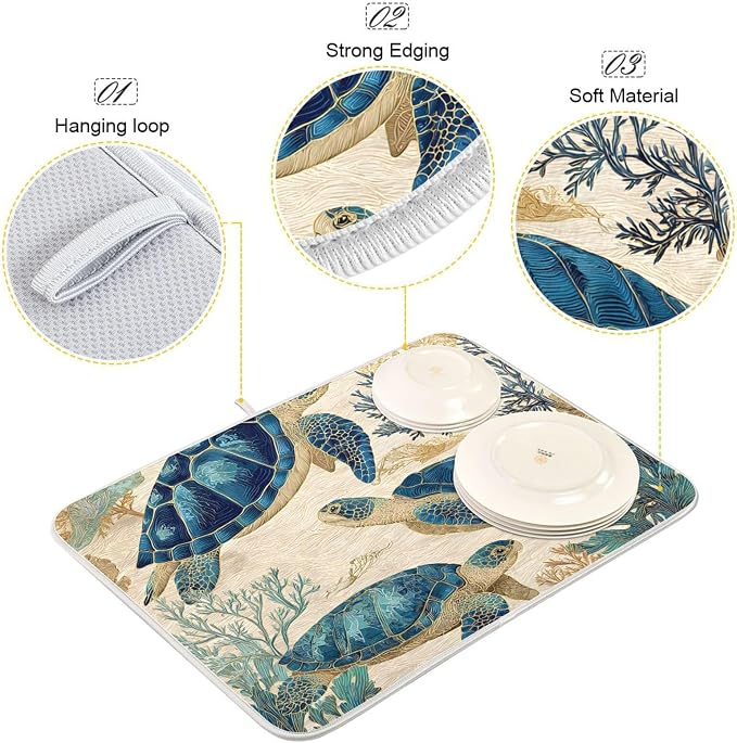 Watercolor Sea Turtle Swimming Pattern Dish Drying Mat Super Absorbent Drying - Image 4