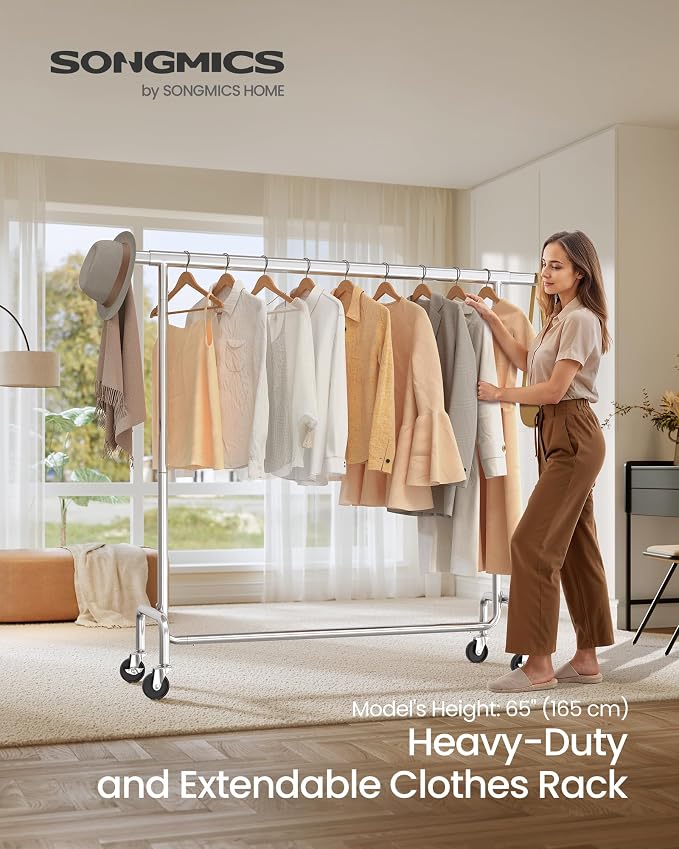 SONGMICS Clothes Rack with Wheels, Heavy-Duty Garment Rack with Extendable - Image 2