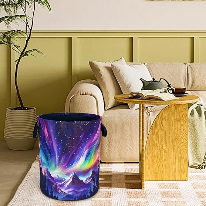 Aurora Mountains Laundry Basket Night Sky Forest Foldable Waterproof Oxford - Image 8