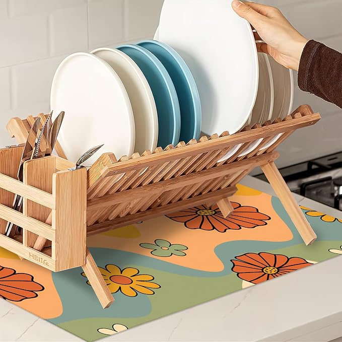 Retro 70s Groovy Waves Dish Drying Rack Mats Decor, Daisy Floral Dish Pad - Image 7