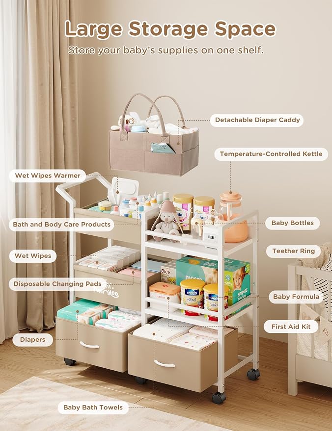 2-in-1 Baby Diaper Caddy Organizer, 3 Tier Rolling Storage Cart - Image 2