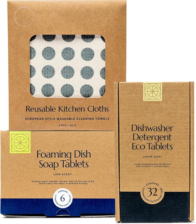 CLEANOMIC Dishwasher Pods, Foaming Dish Soap & Reusable Kitchen Cloth by Cleanomic