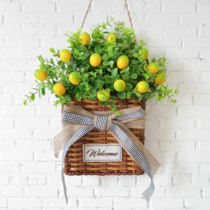 Yellow Lemon Wreath Spring Welcome Door Hanger Basket Wreath, Artificial Spring by Elasign