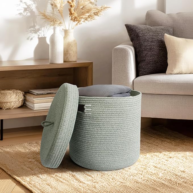 Storage Basket with Lid, Woven Blanket Storage - Image 3